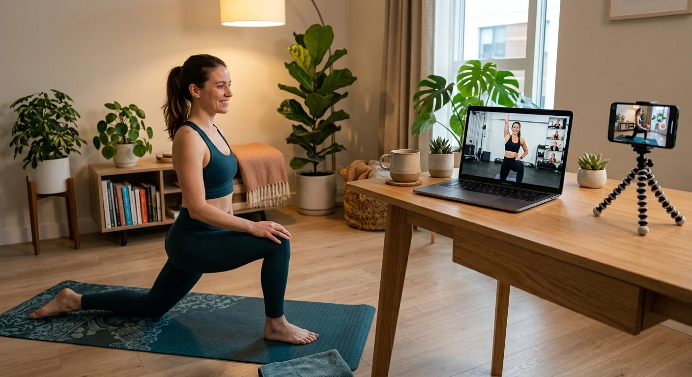 Frau trainiert mit Notebook und folgt einem Online Coaching Programm bei Rückenschmerzen