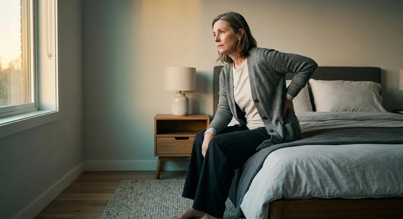 Junge Frau sitzt auf dem Bett und hält sich den schmerzenden unteren Rücken