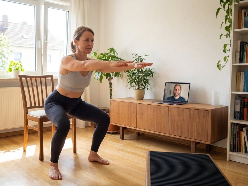 Online-Training zu Hause: Kniebeuge vor dem Laptop, Tim Burwitz begleitet per Video