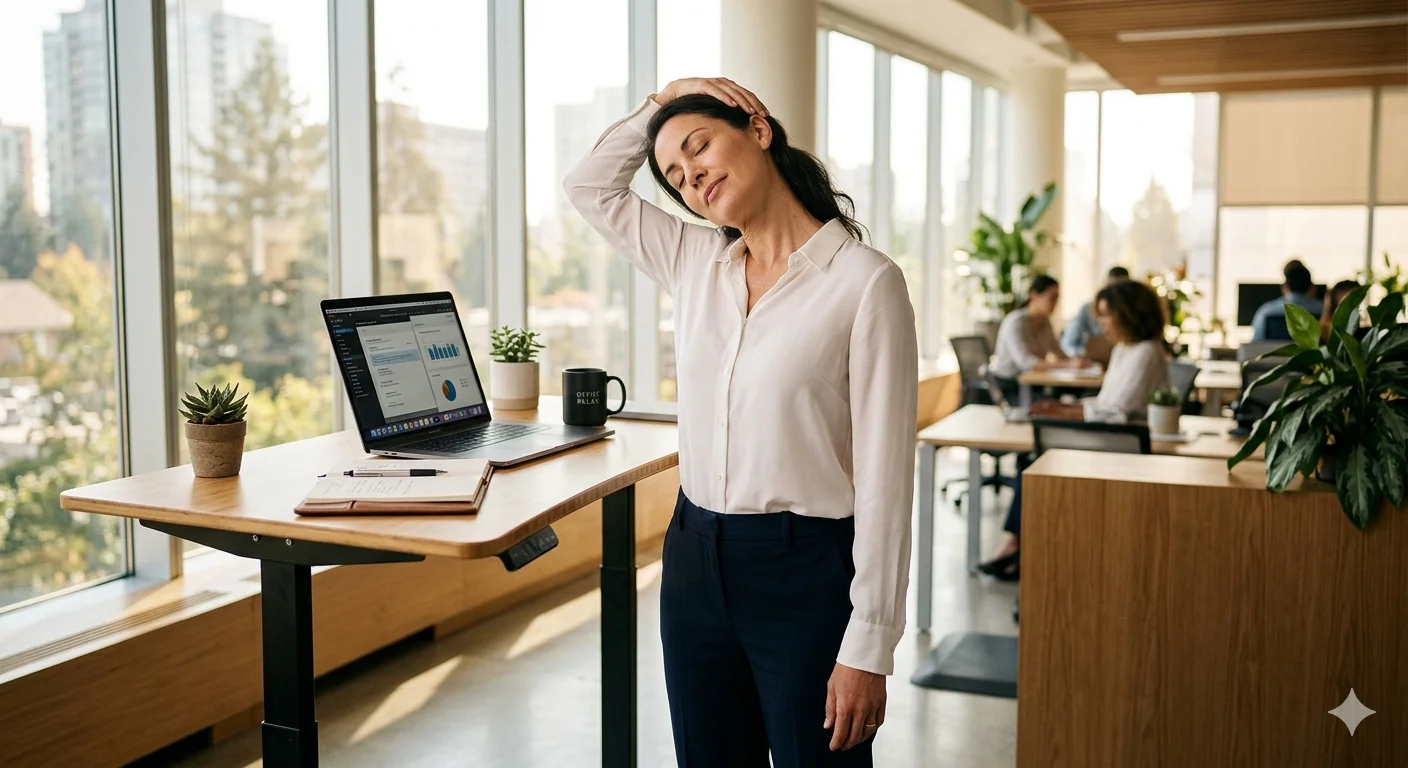 Frau macht Dehnungsübung am Schreibtisch im Büro – Büroübungen gegen Rücken- und Nackenschmerzen | TB Personaltrainer Köln
