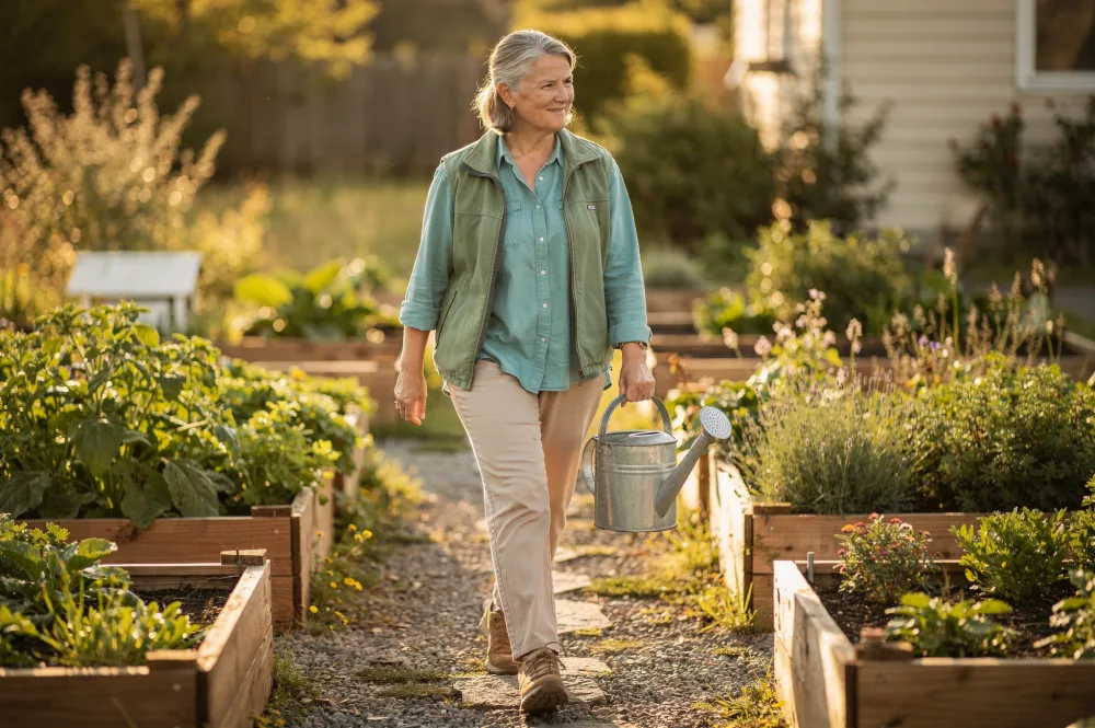 Frau um die 60 trägt eine volle Gießkanne durch ihren Garten