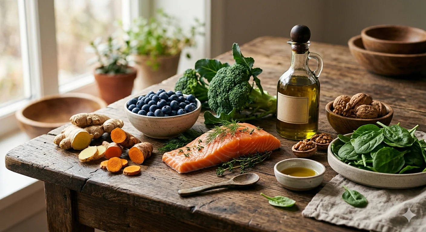 Frische entzündungshemmende Lebensmittel auf einem Holztisch – Ernährung bei Schmerzen | TB Personaltrainer Köln