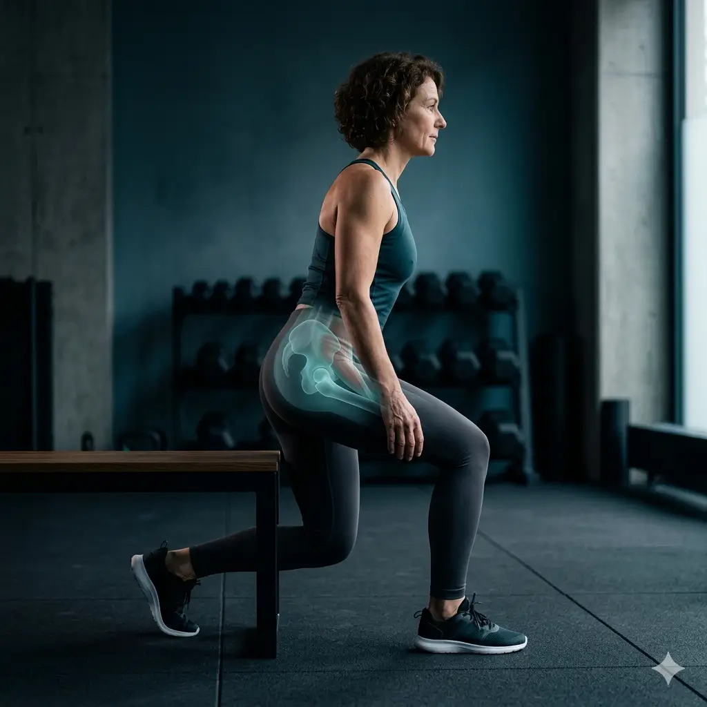 Frau beim Aufstehen von einer Bank mit anatomischer Darstellung des Hüftgelenks und Hüftbeugers – Personal Training bei Hüftschmerzen