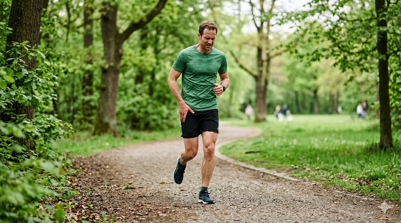 Läuferin hält sich schmerzend die Hüfte auf einem Waldweg beim Joggen – Hüftschmerzen beim Laufen | TB Personaltrainer Köln