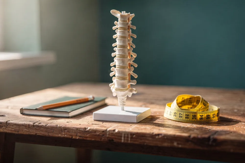 Werkbank mit Wirbelsäulenmodell, kleinem Notizblock und Maßband als Bild für Tests statt Rätselraten