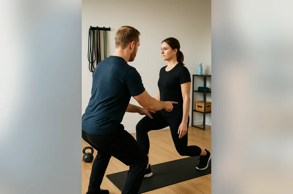 Ein Trainer begleitet eine Frau beim Ausfallschritt in einem hellen, aufgeräumten Trainingsraum.
