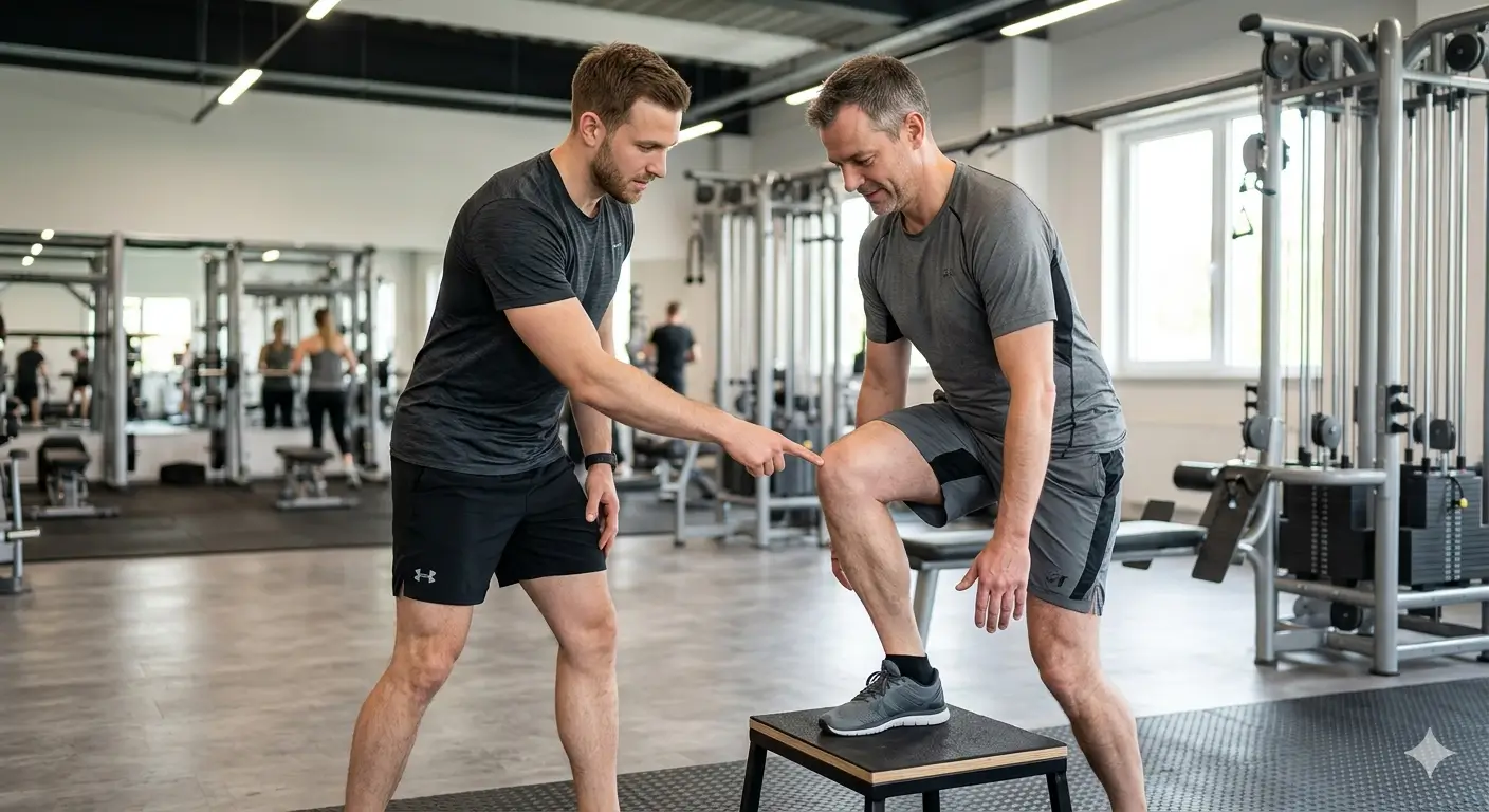 Personal Trainer zeigt Läufer die Kniebewegung beim Laufen in einem hellen Fitnessstudio – Analyse von Knieschmerzen beim Joggen | TB Personaltrainer Köln