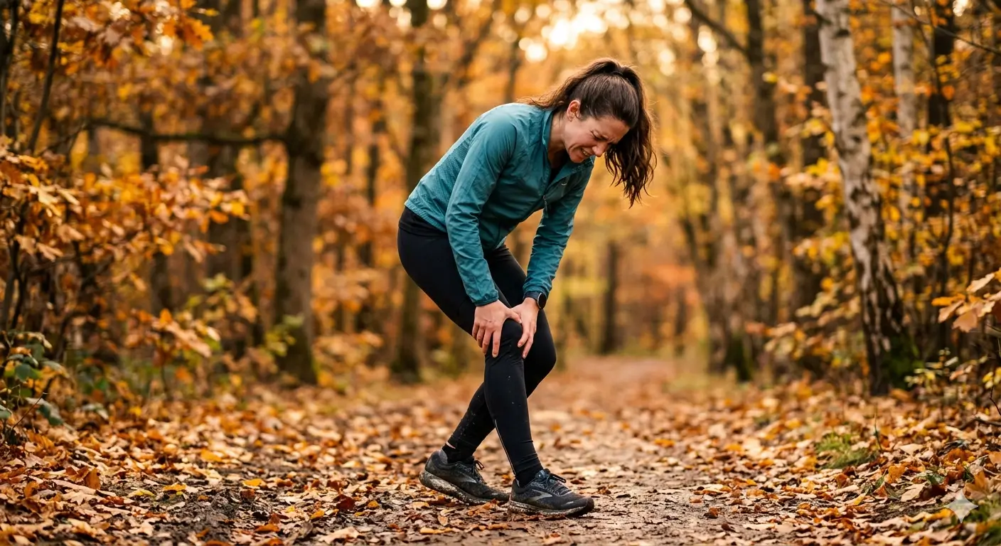Läuferin hält sich mit schmerzverzerrtem Gesicht das rechte Knie auf einem Waldweg – Knieschmerzen beim Joggen | TB Personaltrainer Köln