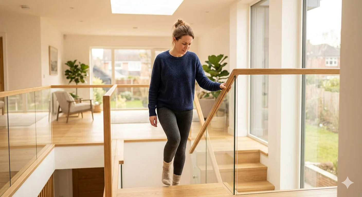 Person hält sich das Knie beim Treppensteigen