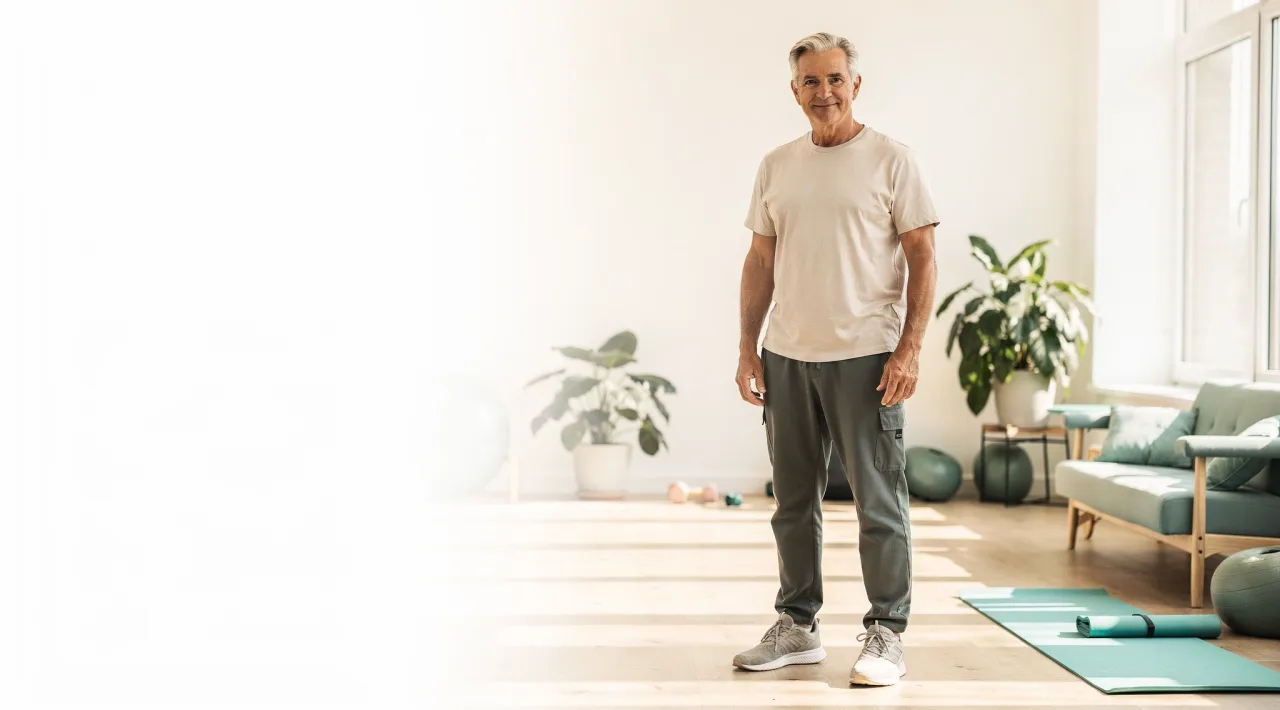 Zuversichtlicher Mann um die 55 steht entspannt in einem hellen Trainingsstudio