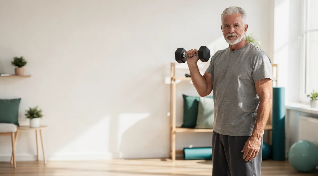 Fitter Mann Anfang 70 beim Krafttraining mit Kurzhantel im hellen Studio
