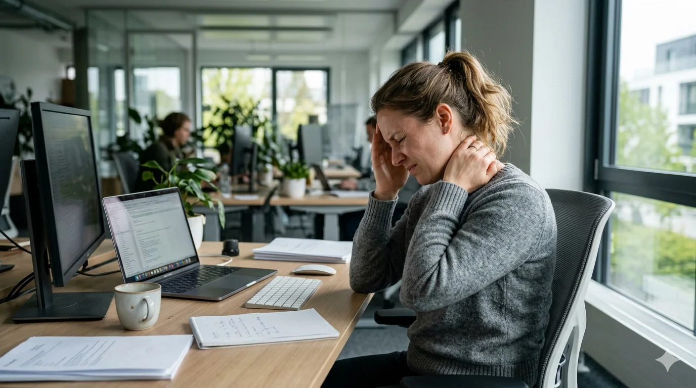 Büroarbeiterin hält sich den schmerzenden Nacken am Schreibtisch – Nackenschmerzen durch Stress und Büroarbeit | TB Personaltrainer Köln
