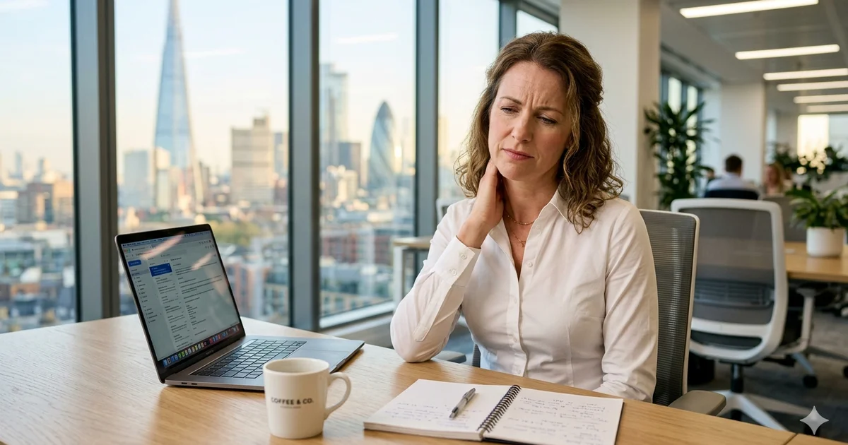 Frau im Büro greift sich mit schmerzverzerrtem Gesicht an den Nacken – typische Nackenschmerzen durch Bildschirmarbeit und langes Sitzen | Tim Burwitz - Personal Trainer
