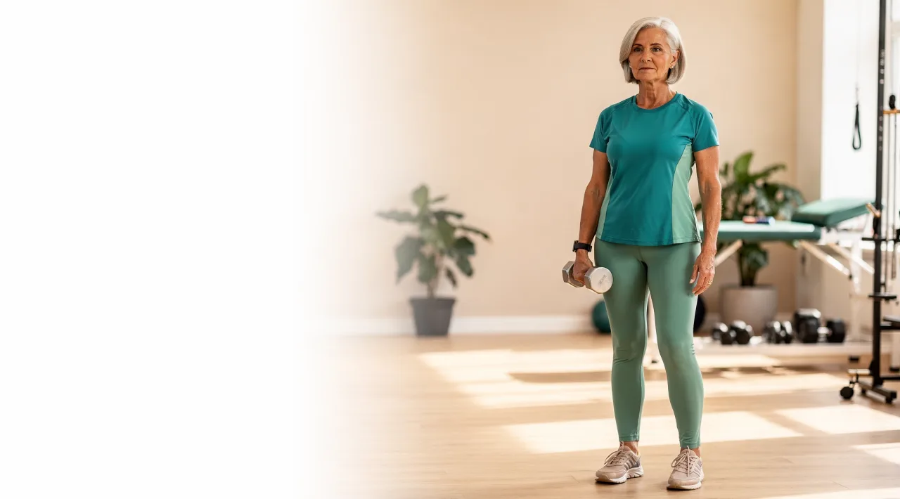 Aktive Frau Anfang 60 beim Krafttraining mit Kurzhantel im hellen Studio