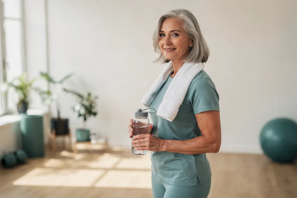 Zufriedene Frau Anfang 60 nach dem Training mit Wasserflasche und Handtuch