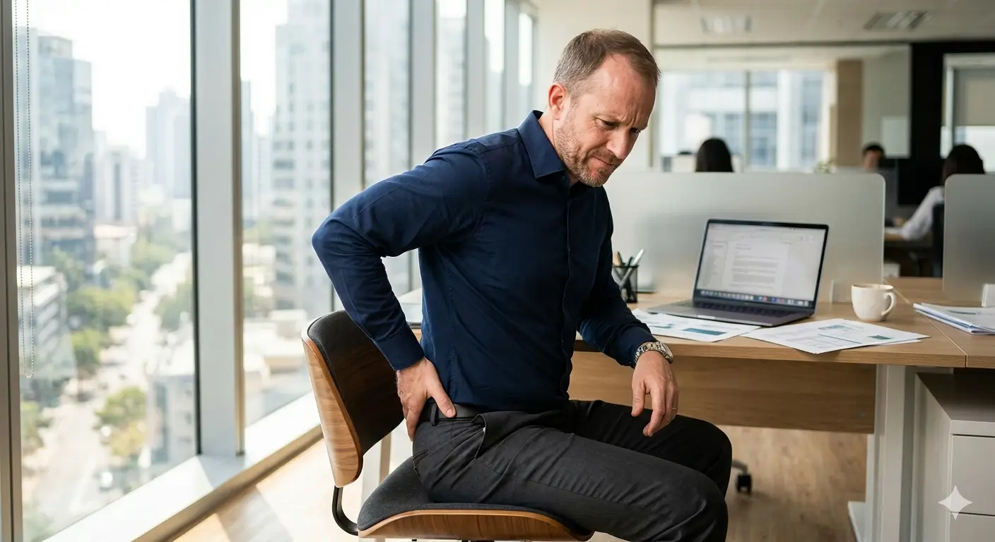 Büroangestellter sitzt am Schreibtisch und hält sich mit schmerzverzerrtem Gesicht das Gesäß – typische Haltung bei Piriformis-Syndrom und Sitzschmerzen | Tim Burwitz - Personal Trainer