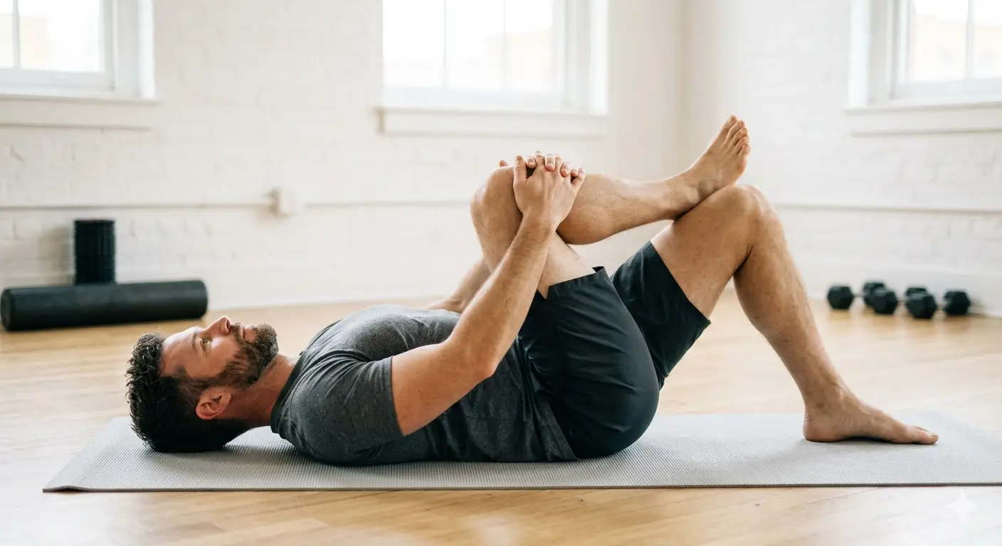 Die Figur-4-Position: Auf dem Rücken liegend, Knöchel auf dem anderen Knie – Ausgangsposition für den FAIR-Test | Tim Burwitz - Personal Trainer