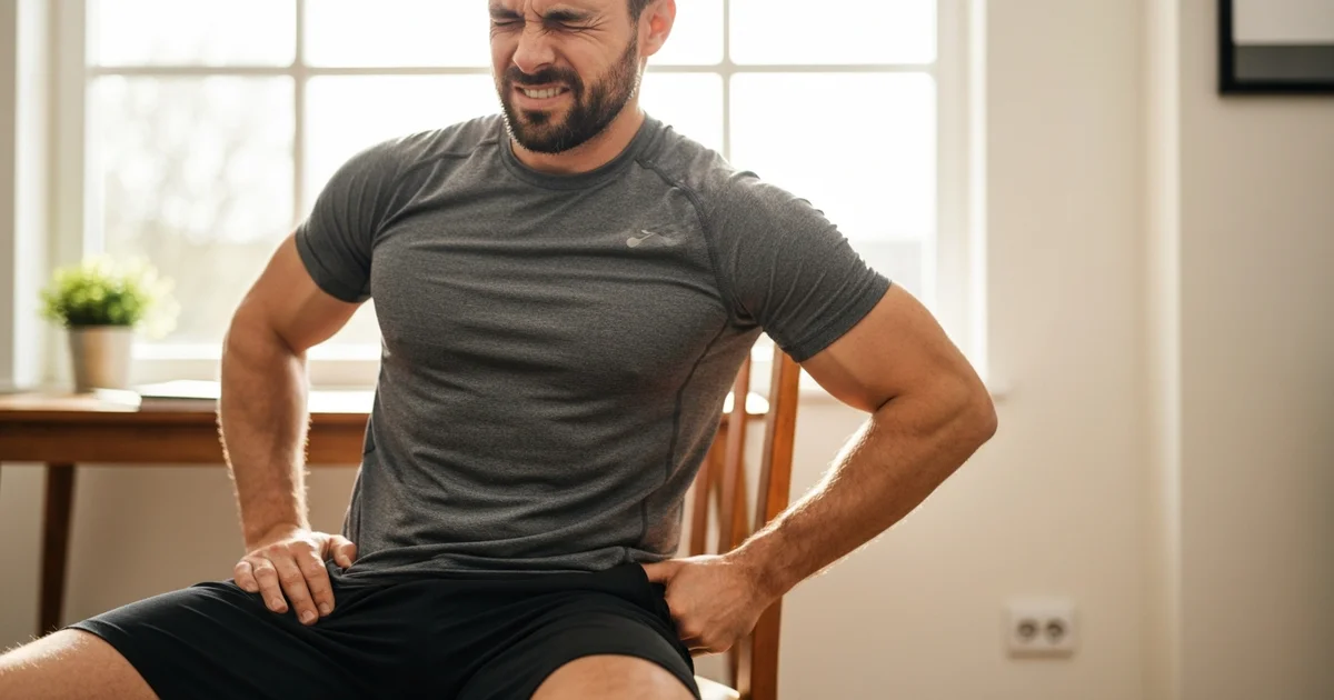 Büroangestellter sitzt am Schreibtisch und hält sich mit schmerzverzerrtem Gesicht das Gesäß – typische Haltung bei Piriformis-Syndrom und Sitzschmerzen | Tim Burwitz - Personal Trainer