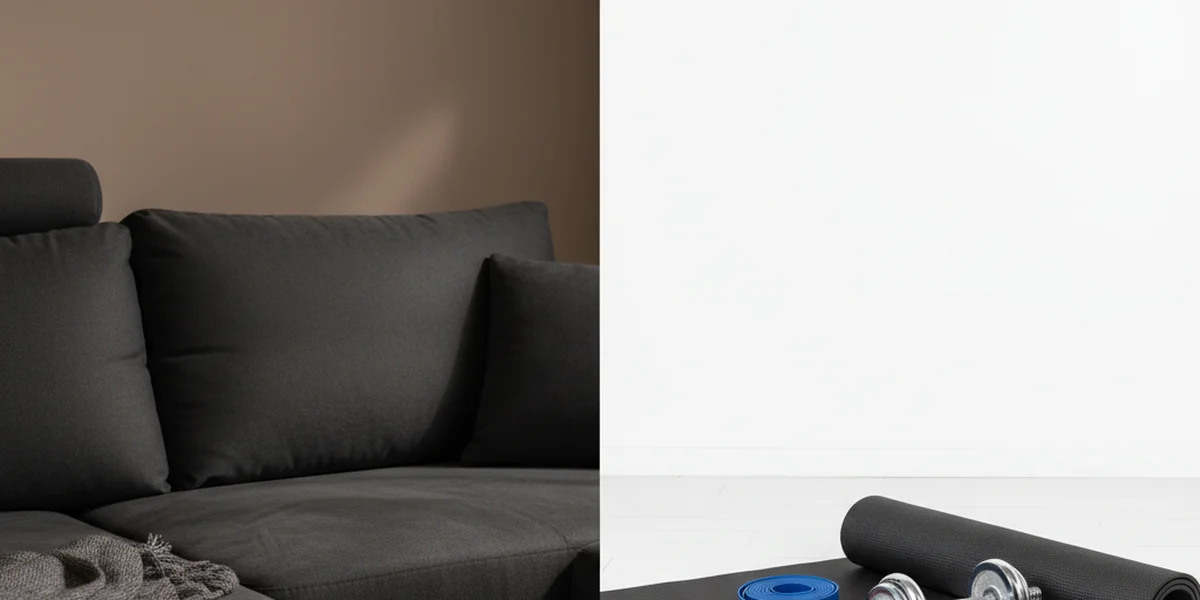 Sofa links symbolisiert Schonung, Trainingsgeräte rechts symbolisieren Bewegung – Schonung vs. Training bei Schmerzen | TB Personaltrainer Köln