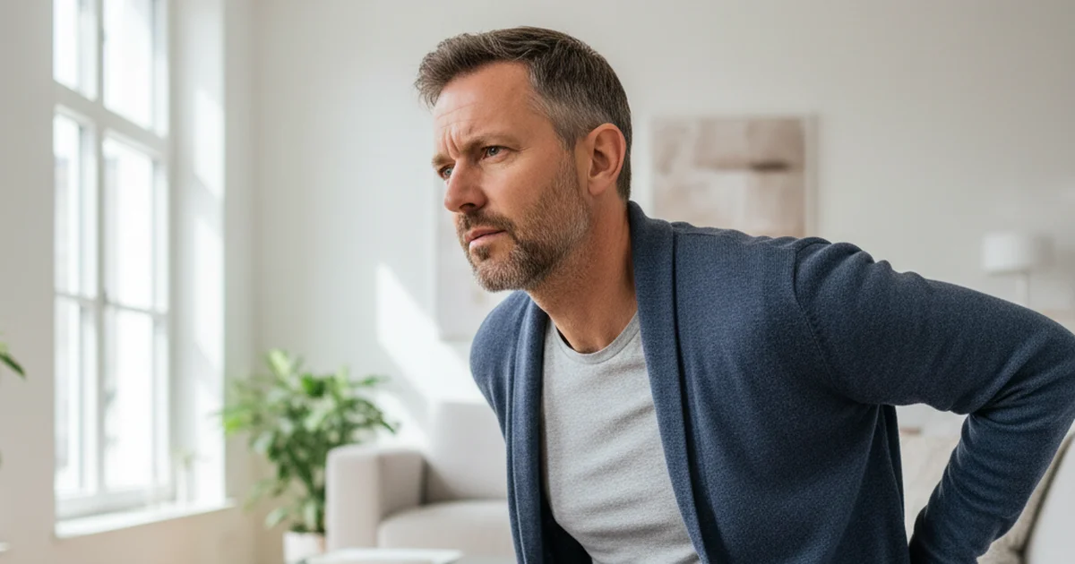 Mann hält sich schmerzhaft den Rücken – Schonung bei Schmerzen | TB Personaltrainer Köln