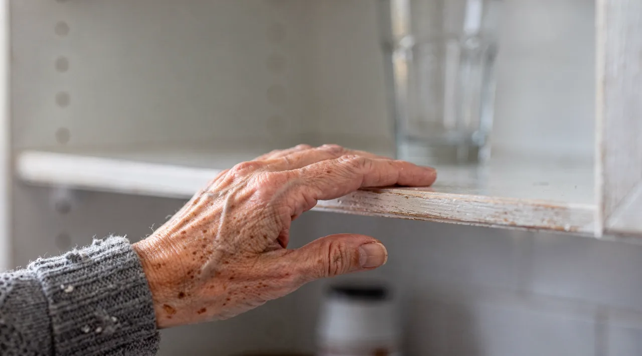 Nahaufnahme einer Hand, die am Rand eines geöffneten Küchenregals liegt.