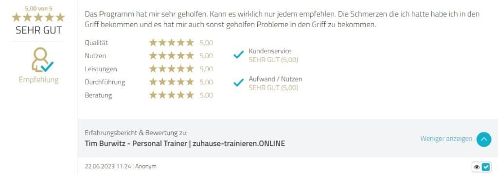 Personal Trainer für Rückenschmerzen und Co. - Tim Burwitz Auszug Proven Expert Rezension 8