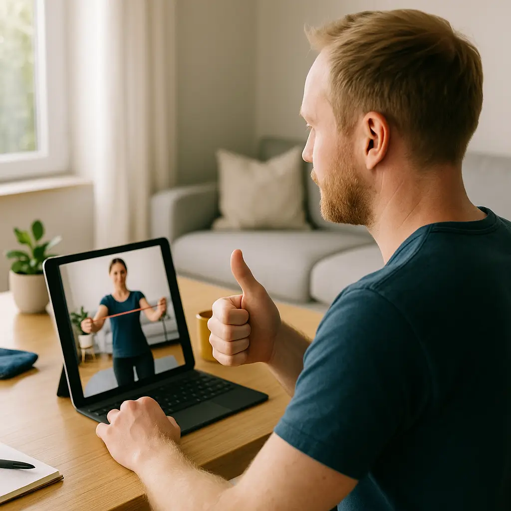 Online Coaching 3 Online Coaching und Online Personal Training: Trainer korrigiert Übung per Videocall mit Daumen-Signal; Klientin führt Pallof-Press mit Widerstandsband aus.