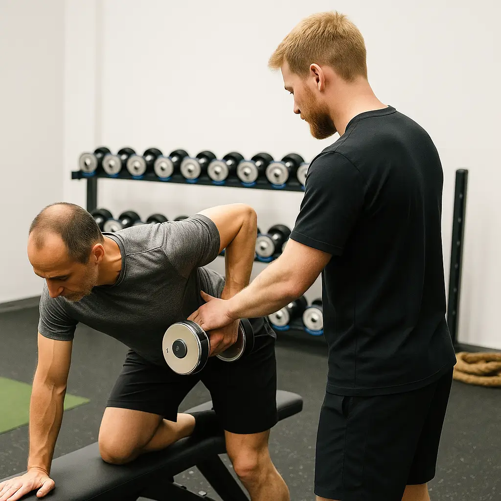 Personal Trainer begleitet einen Mann bei einer kontrollierten Kurzhantel-Übung zur aktiven Stabilisierung des Schultergürtels bei Schulterschmerzen