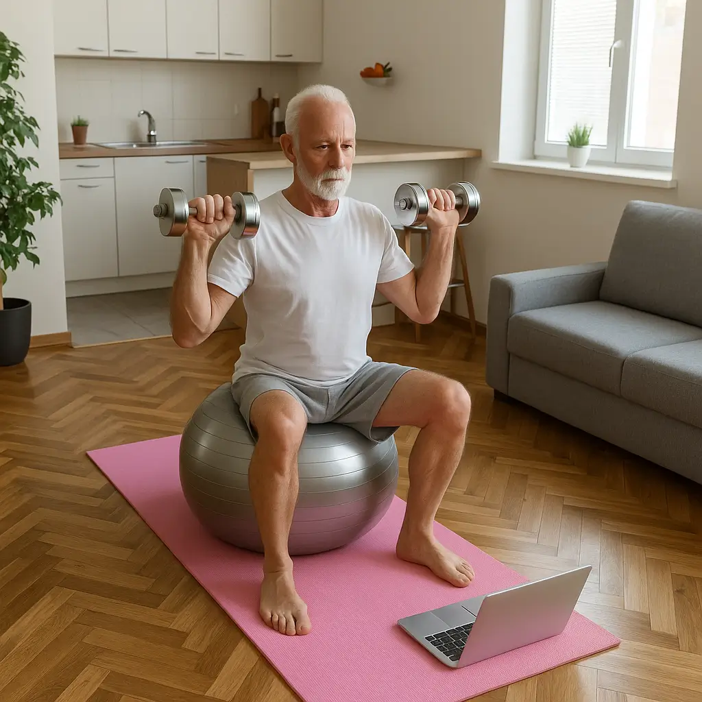 Online Coaching 2 Älterer Mann trainiert im Online-Coaching zu Hause: sitzt auf Gymnastikball, hebt zwei Wasserflaschen auf Schulterhöhe; Laptop auf der Matte, helle Wohnküche bei Tageslicht.