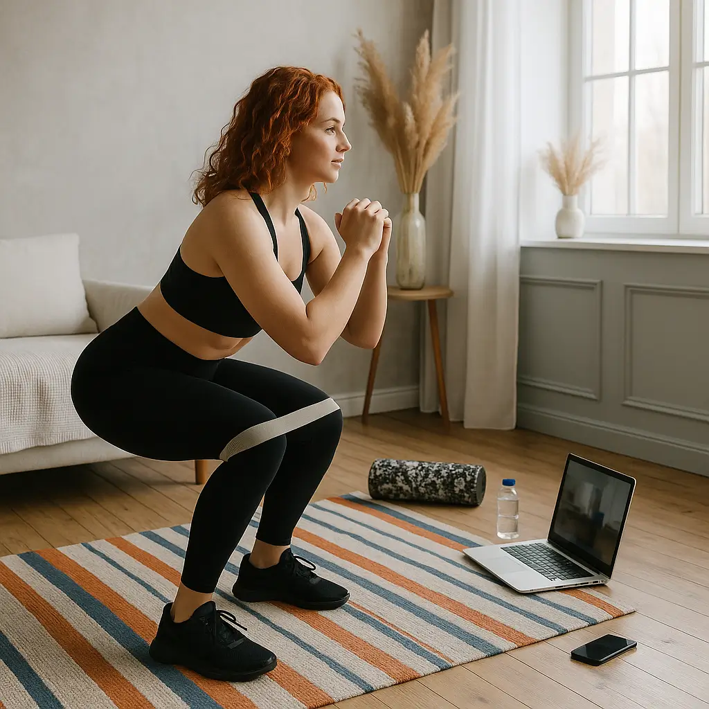 Online Coaching 1 Online-Coaching zu Hause: Frau macht Kniebeuge mit Miniband im Wohnzimmer; Laptop am Teppich, weiches Tageslicht, ohne Logos.