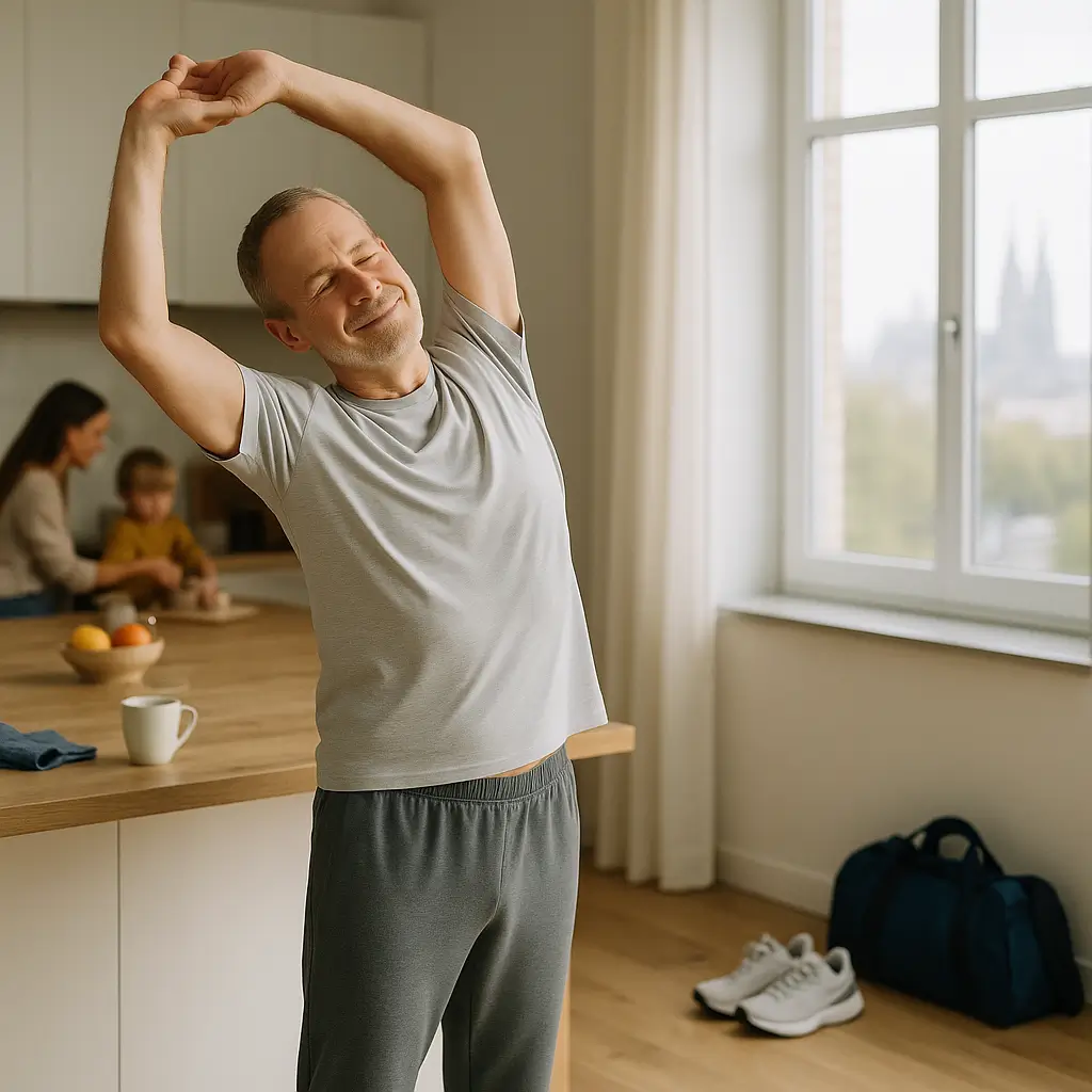 1:1 Personal Training Köln 4 Morgenszene in Kölner Wohnküche: Person streckt sich schmerzfrei, dampfende Kaffeetasse, Familie im Hintergrund, Sportausrüstung dezent – natürlicher Tageslicht-Look.