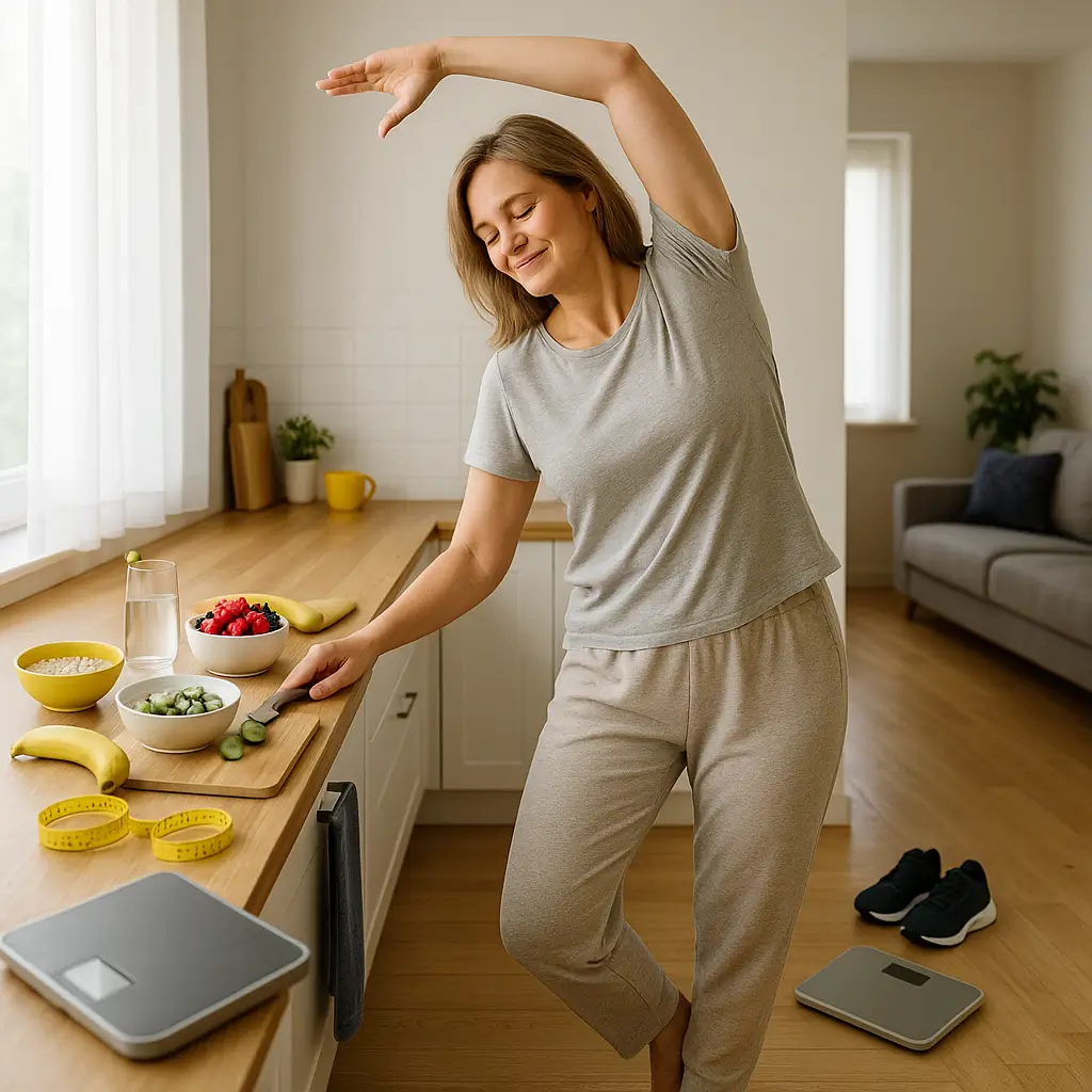 Ernährungsberatung & Gewichtsreduktion - Helle Küche am Morgen: Erwachsene Person streckt sich entspannt und bereitet ein leichtes Frühstück (Obst, Skyr, Haferflocken) zu; Waage und Maßband dezent im Bild – Symbol für Gewichtsreduktion, entlastete Gelenke und neue Energie.
