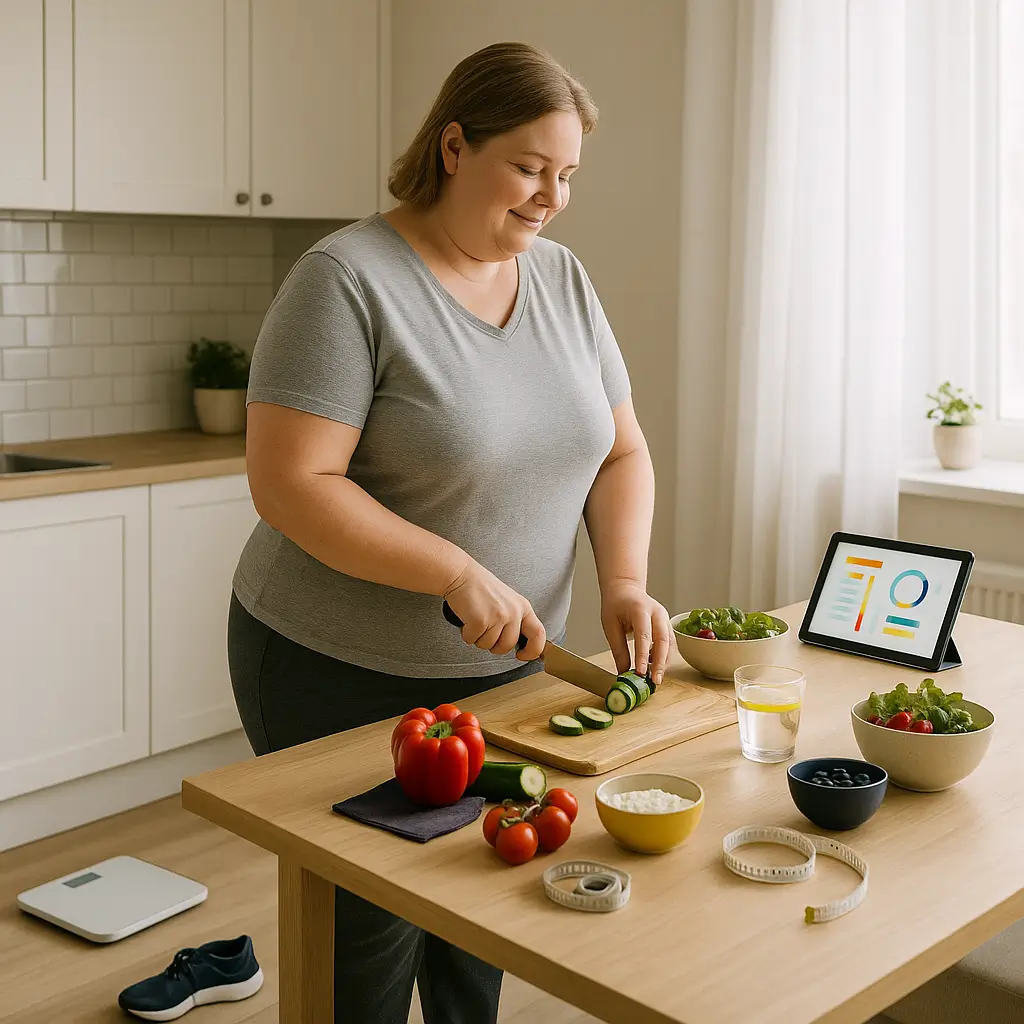 Helle Küche bei diffusem Morgenlicht: Eine erwachsene Person mit leichter Fülle bereitet frisches, leichtes Essen an der Arbeitsplatte zu, steht dabei rückenfreundlich aufrecht. Auf dem Tresen ein Tablet mit generischer Plan-Ansicht, am Boden dezent eine Waage und ein locker gerolltes Maßband – Symbol für nachhaltige Gewichtsreduktion und Entlastung von Rücken und Gelenken.
