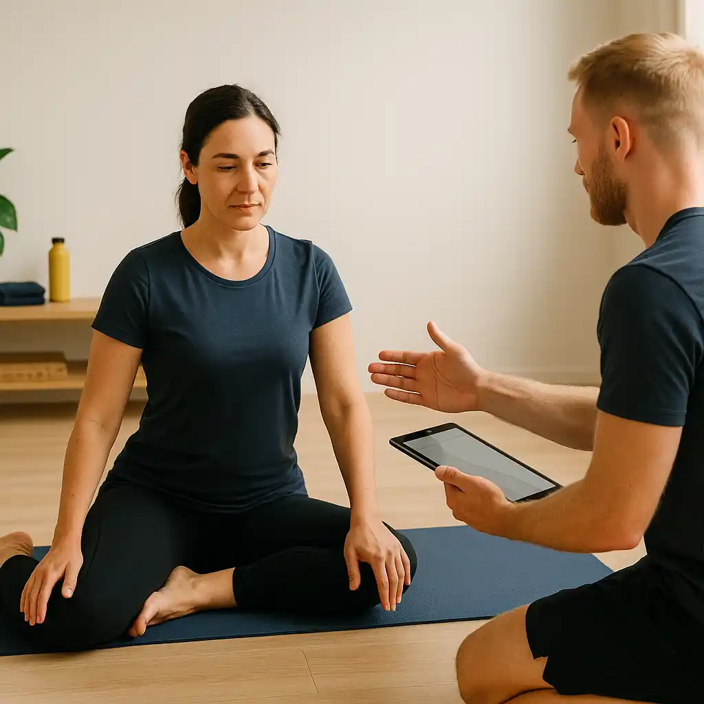 Personal Trainer bespricht mit einer Klientin sitzend die Ursachen von Hüftschmerzen und erklärt den Übergang von Schonung zu gezielter, kontrollierter Belastung