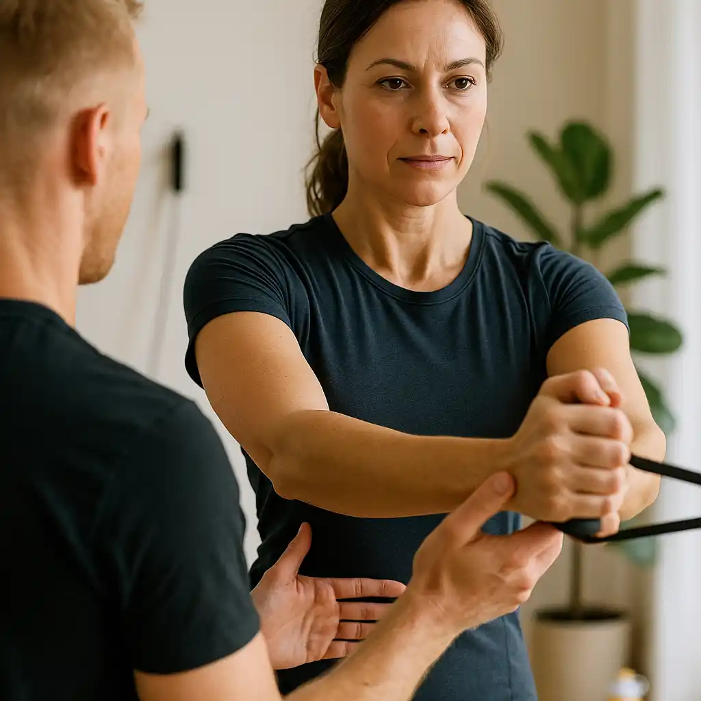 1:1 Personal Training Pulheim 1 Personal Training Pulheim - Blonder Trainer korrigiert bei der Pallof-Press Anti-Rotationsübung die Arm- und Rumpfposition einer Klientin; gespannter Widerstandsbandzug, heller Trainingsraum in Pulheim.