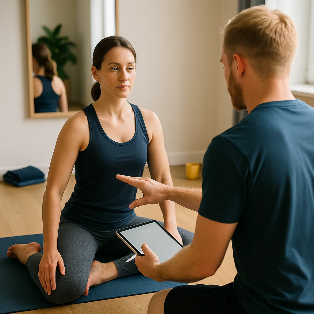 Personal Trainer erklärt einer Klientin im Sitzen eine gezielte Hüftbewegung zur Verbesserung von Kontrolle, Gelenkführung und schmerzfreier Beweglichkeit