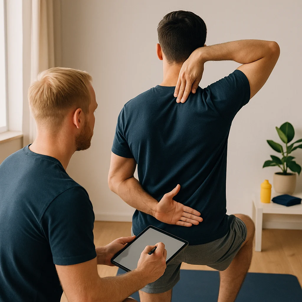 1:1 Personal Training Pulheim 2 Aktiver Schulter-Screenim Personal Training Pulheim: Klient steht aufrecht, eine Hand von oben, eine von unten hinter dem Rücken (ohne Verhakung); Trainer in 3/4-Rückenansicht legt offene Hand als Cue am Schulterblatt und notiert am iPad, natürliches Seitenlicht, quadratisches 1:1-Foto.