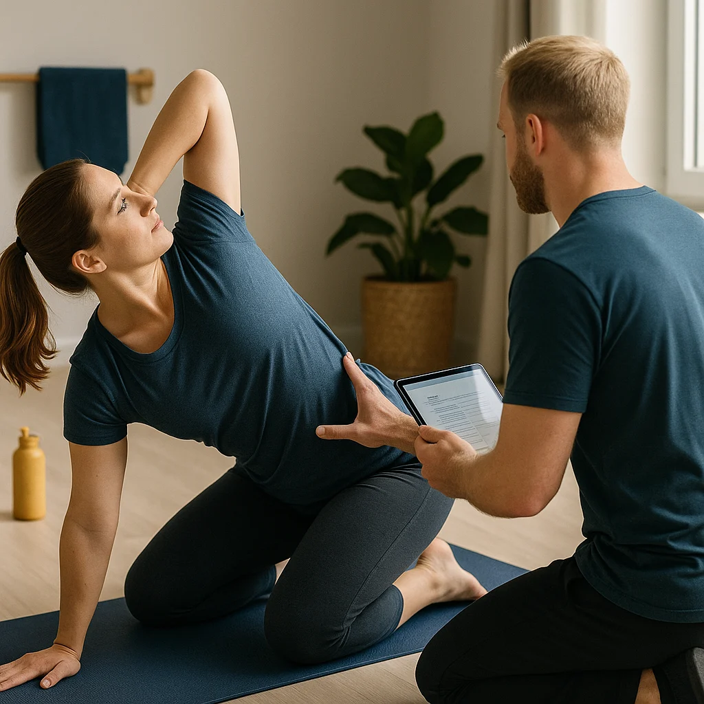 1:1 Personal Training Köln 2 Bewegungsanalyse der Brustwirbelsäule: Klientin im Vierfüßler, eine Hand am Hinterkopf rotiert nach oben; Trainer (Rückenansicht) setzt offene Hand als Cue am seitlichen Rippenbogen und hält ein iPad mit unscharfen Notizen, natürliches Seitenlicht, quadratisches 1:1-Foto.