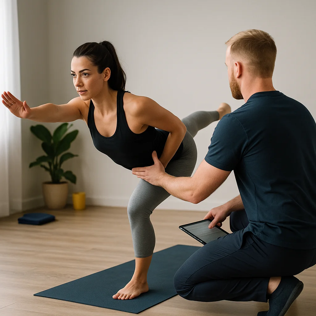 1:1 Personal Training Köln 1 Hip Airplane ohne Wand: Klientin im Hüftscharnier auf dem Standbein mit kontrollierter Beckenrotation; optional Trainer (Rückenansicht) als visueller Cue auf Beckenhöhe, natürliches Seitenlicht, quadratisches 1:1-Foto.
