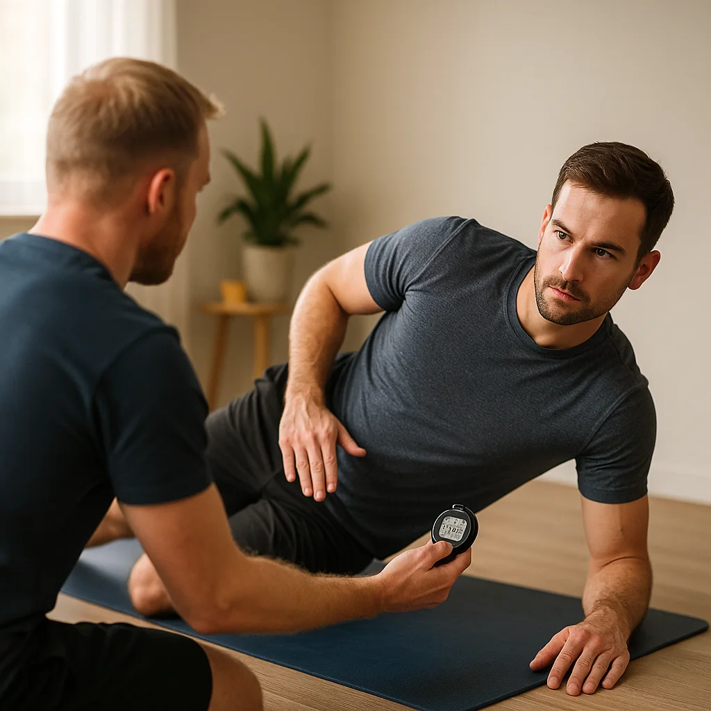 1:1 Personal Training Köln 3 Side-Plank Endurance Check: Klient im stabilen Seitstütz mit gerader Körperlinie; Trainer (Rückenansicht) kniet seitlich, legt flache Hand als Cue am Becken („nicht absinken“) und hält Stoppuhr/iPad mit unscharfen Notizen, warmes Seitenlicht, quadratisches 1:1-Foto