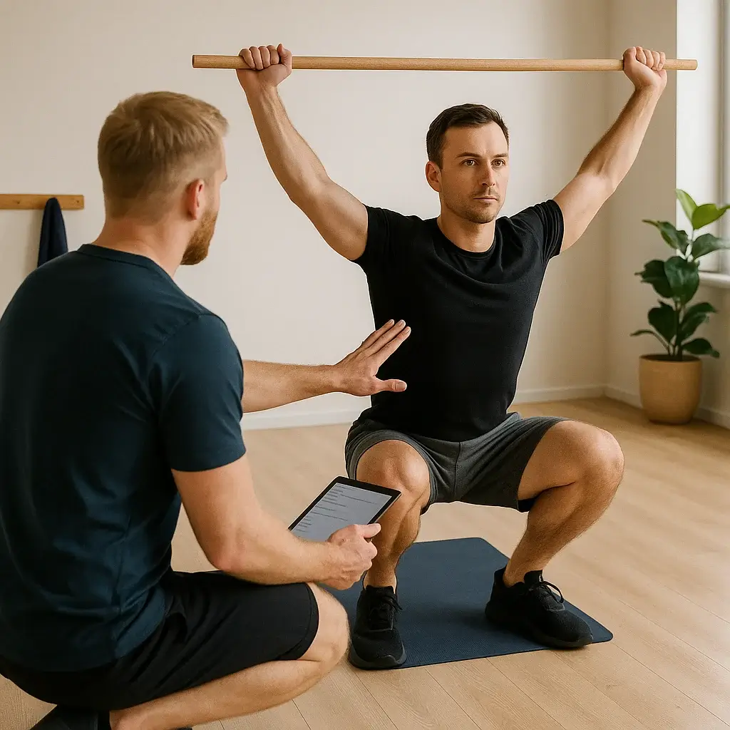 Funktioneller Deep-Squat-Screen: Klient führt frontalen Overhead-Squat mit Holzstab aus, Trainer in 3/4-Rückenansicht zeigt mit offener Hand auf Knieüberlauf/Beckenstellung und hält ein Klemmbrett mit unscharfen Notizen; natürliches Seitenlicht, quadratisches 1:1-Foto.