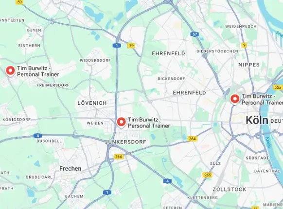 Google Maps Kartenauschnitt von Köln, Frechen und Pulheim mit markierten Standorten von Tim Burwitz - Personal Trainer in Köln und Pulheim.