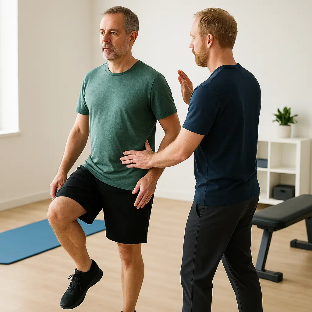 Training bei Schmerzen - männlicher Klient macht einen Einbeinstand zur Rumpfstabilisation bei Rückenschmerzen mit Tim Burwitz - Personal Trainer Köln und Pulheim