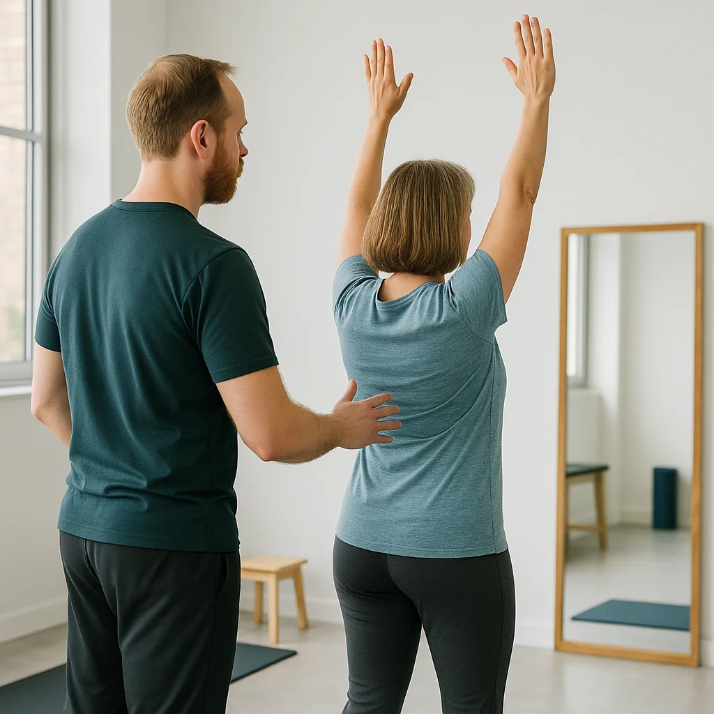 Personal Trainer begleitet eine Klientin bei einer kontrollierten Armhebung zur Verbesserung von Schulter-Nacken-Beweglichkeit und aktiver Stabilität bei Schulterschmerzen