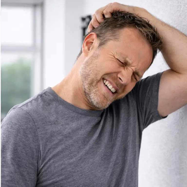 Mann dehnt den Nacken seitlich mit schmerzverzogenem Gesicht als Beispiel für unkontrolliertes Dehnen im Training bei Nackenschmerzen